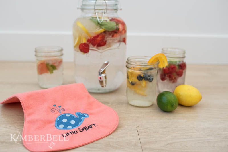 Little squirt applique design for machine embroidery and fruit-infused water recipes