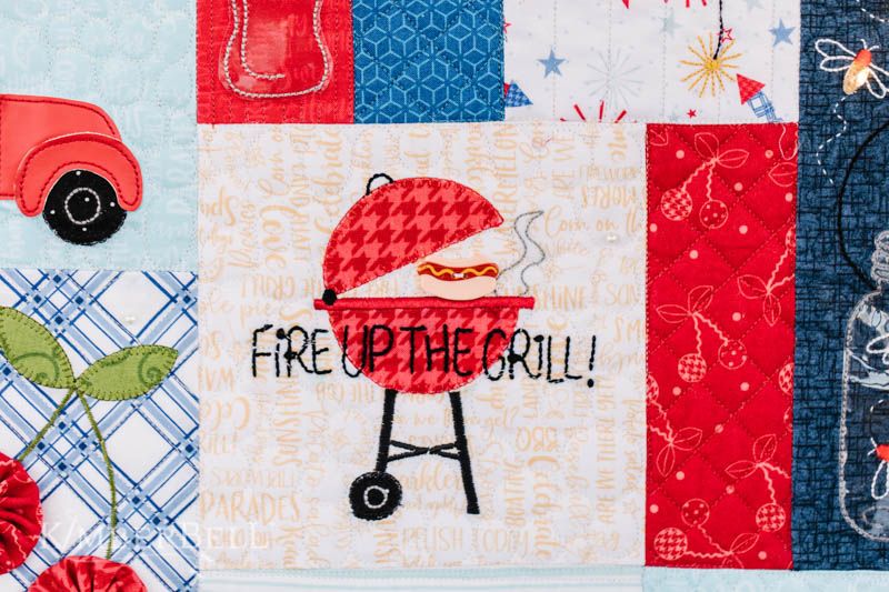 Kimberbell Red, White, & Bloom Fourth of July Quilt for Sewing and Machine Embroidery Barbecue Grill