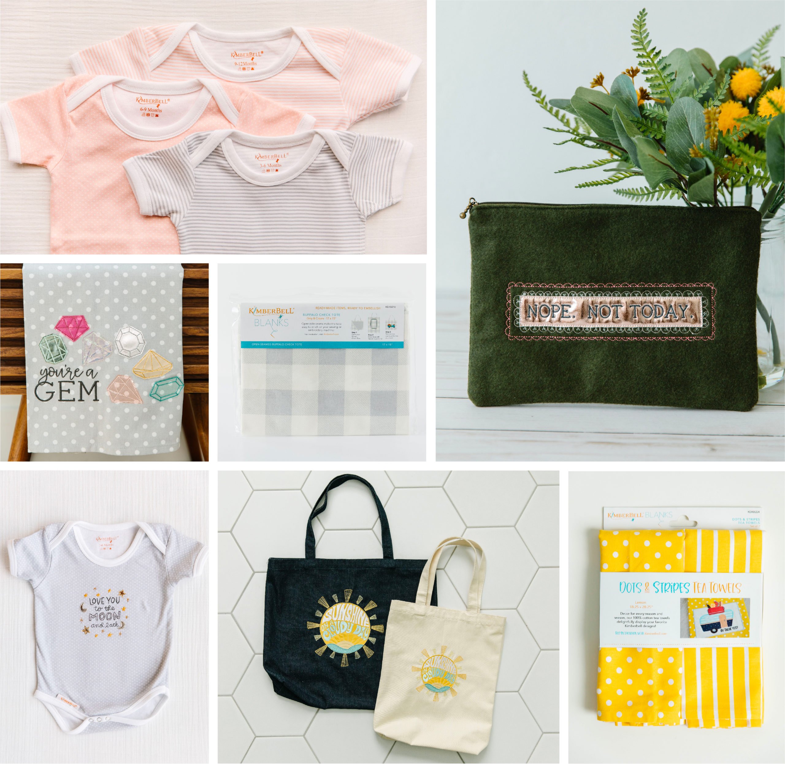 Baby Bodysuits, Zipper Pouch Blanks, Tea Towels, Totes, Embroidery Blanks and Baby Blanks for Sewing, Machine Embroidery, Crafting, and Iron-on Transfers
