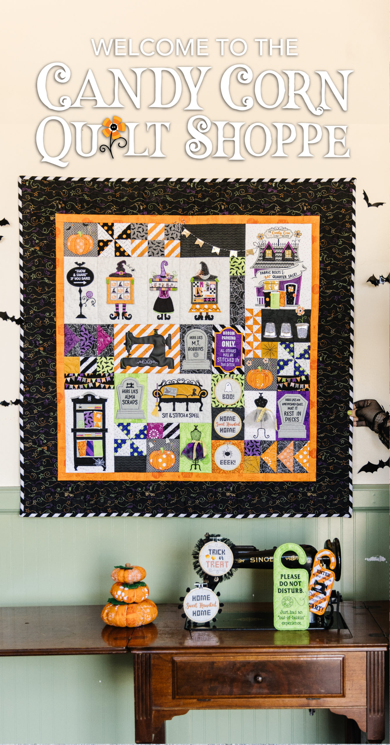 Welcome to the Candy Corn Quilt Shoppe, Kimberbell's New Halloween Quilt  for Sewing and Machine Embroidery!